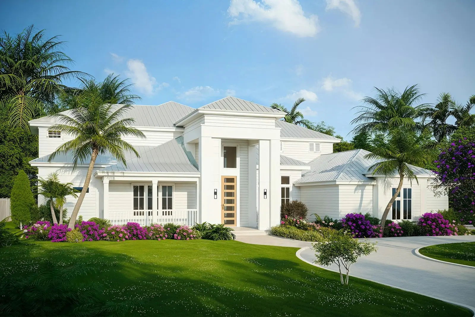 Large white house with palms and a curved driveway
