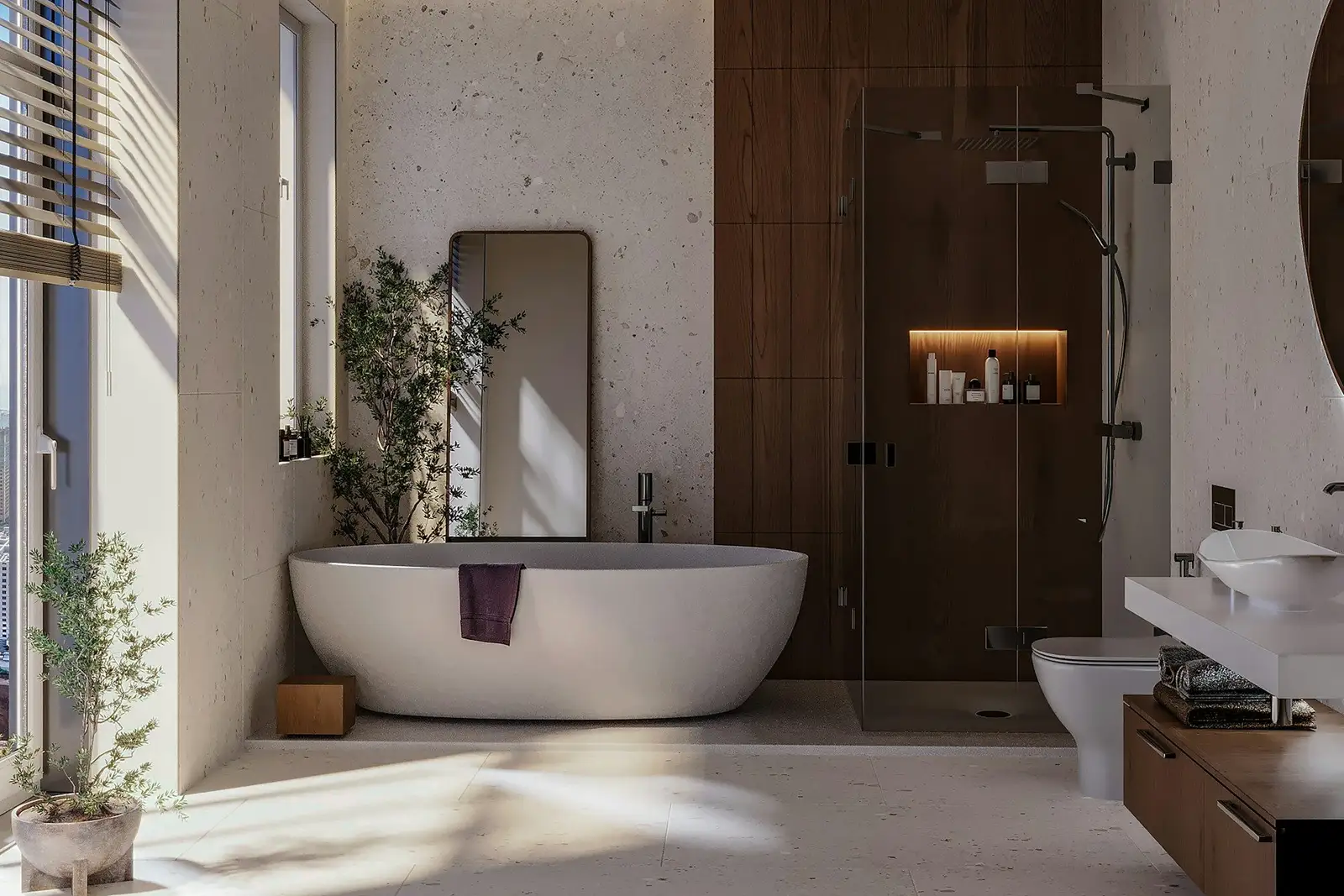 Bathroom with a freestanding tub, a walk-in shower and a wood panel