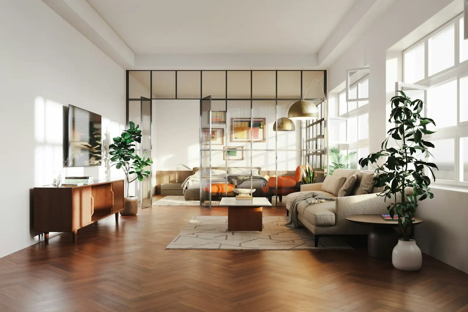 Long living room with a herringbone floor and a glass partition