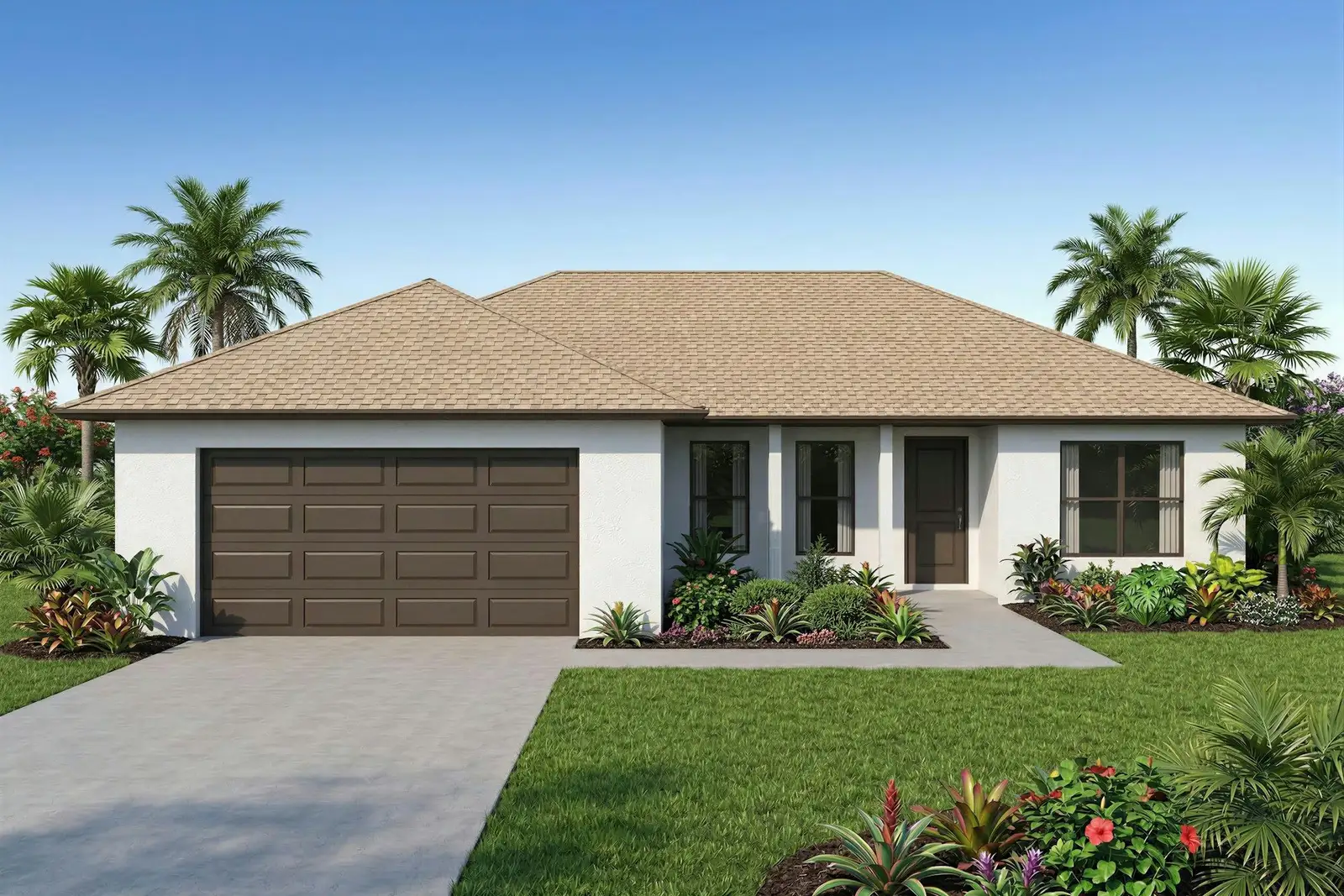 Single-storey house with a two-car garage and a tropical front garden